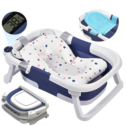 Encuentra reviews de Bañera bebe adaptable los mejores 10. 37 Bañera para Bebe, SHANDABULIU Tina de Baño para Bebe con Pantalla de Temperatura y Dos Cojín, Bañera Plegable para Bebe, Bañera Multiusos Facil de Drenar (Azul)