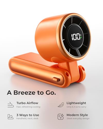 Image of Portable Handheld Turbo Fan - 5 Gear High Speed 4000mAh Rechargeable Mini Personal Hand Fan Blow Cold Air, Battery Operated Travel Essentials, Gifts for Women, Men (Cosmic Orange)