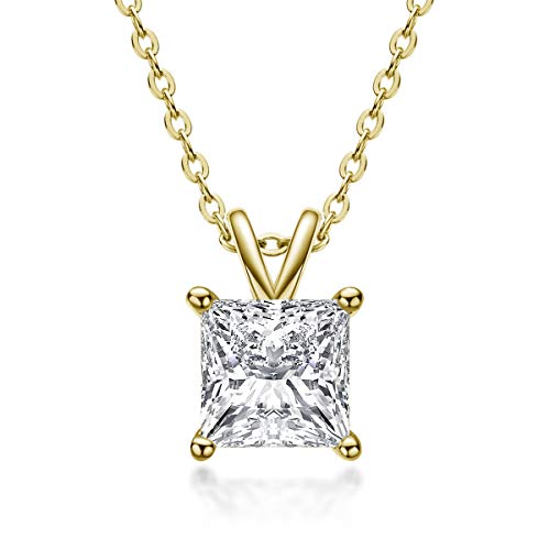 Ainuoshi 18K Gold Plated Sterling Silver Cubic Zirconia Princess Cut Solitaire Pendant Necklace, 18" (Princess Cut, Yellow, Cable Chain) #TOP19