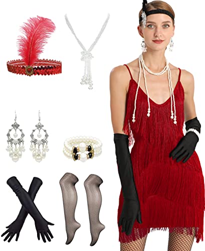 Image of Women 1920s Gatsby Flapper Dress Sexy Open Back Strap Fringed Cocktail Party Dress with 20s Accessories