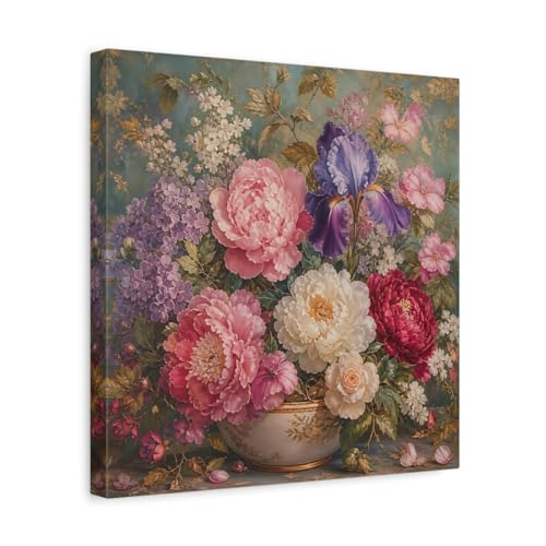 Tableau bouquet floral rose et violet de 35x35 cm pour décoration murale de salon