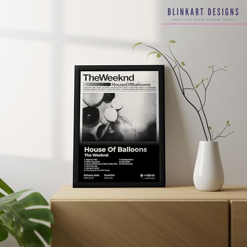 Image of BLINKART The Weekend - House of Balloons Wall Photo Frames | Wall Art for Bedroom, Living Room, Studio or Office | Album Cover Print with Spotify Song Link QR Code | Gift for Fans - 8x12 In