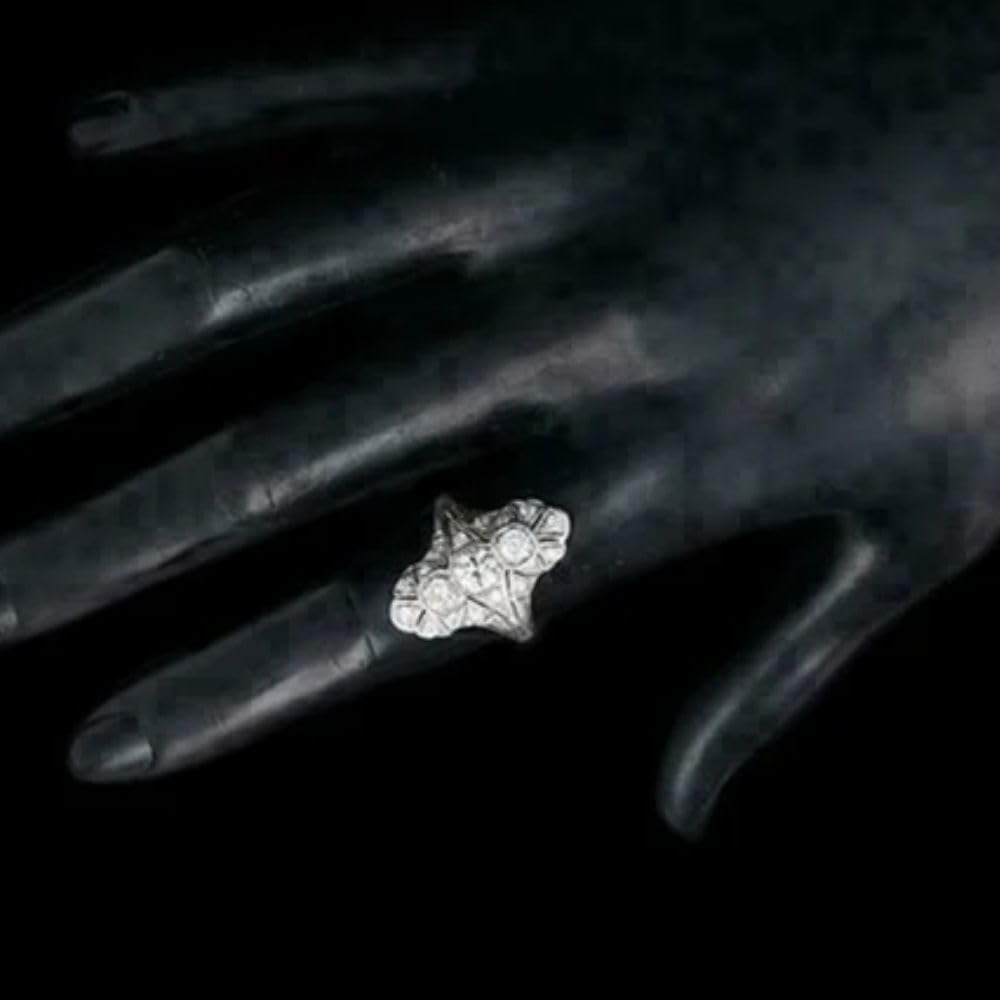 SilverDia 1 Ct Three Old European Cz Diamond Vintage Edwardian Victorian Art Deco Mid-Century Ring For Women 14K White Gold Plated Milgrain Filigree 925 Sterling Silver Ring Handmade Promise Mom Gift