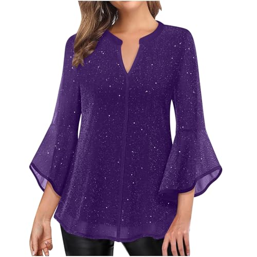 Camisa de mujer con destellos para días festivos - manga 3/4, cuello en V, blusa fluida elegante, versátil para reuniones de negocios, fiestas y eventos festivos, Morado (, XXL