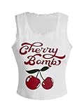 Verdusa Women's Y2K Sleeveless Round Neck Cherry Letter Print Tank Top Apricot Small