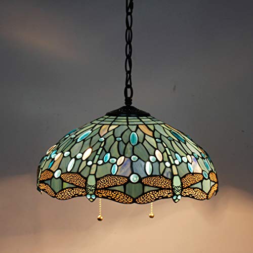 Image of WERFACTORY Tiffany Pendant Light Fixture 16 inch Stained Glass Hanging Lamp