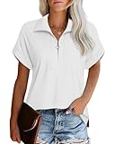 Vivilli School Outfits for Teachers Womens Summer Tops Formal Tops White Blouses Dressy Casual Short Sleeve Shirts Zipper Polo Shirts V Neck T Shirts Tunic Work Clothes Office Top L