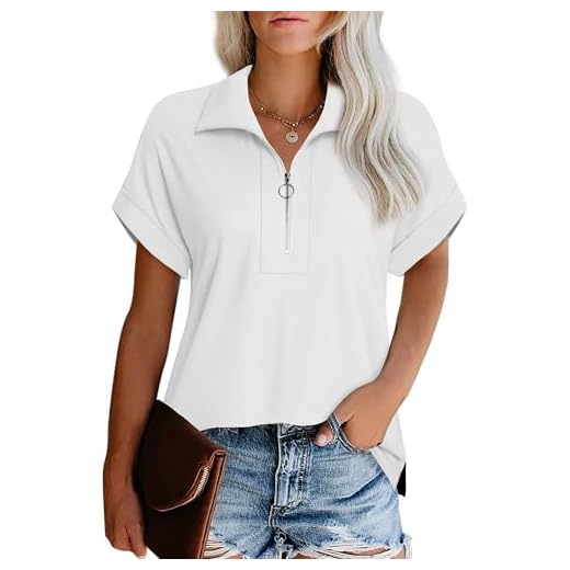 Vivilli Summer Tops for Women 2025 Womens Blouses Dressy Casual Trendy Short Sleeve Shirts Zipper V Neck Collared Womens Tops Fashion Business Tops Work Tops Shirts Polo Shirts Soft Tee Blouse White M