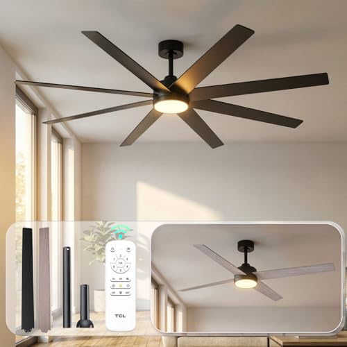 TCL 72 Inch Large Ceiling Fans with Lights and Remote Quiet Modern Ceiling Fan 3 CCT Dimmable Remember LED Reversible 8 Dual Side Blades for Living Room Patio Garage (black 72)