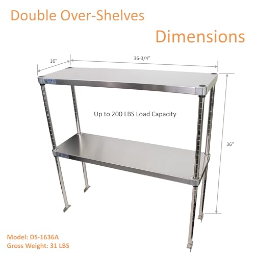 GSW DS-1636A Commercial Stainless Steel Adjustable Height Double Tier Over-Shelves for Prep & Work Table, Cold Table, Restaurant Kitchen, 16