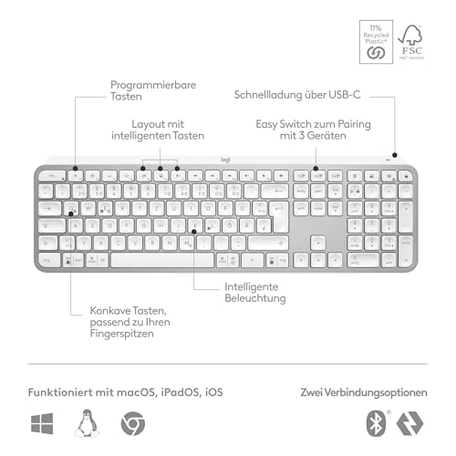 Logitech MX Keys S kabellose Tastatur, Low Profile, Fluid Quiet Typing, Programmable, Backlighting, Bluetooth, USB C Rechargeable, für Windows PC, Linux, Chrome, Mac, Deutsches QWERTZ, Pale Grey 6