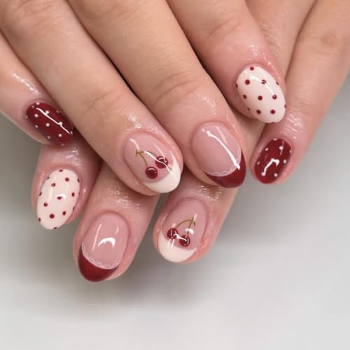 Image of Red White Press on Nails Short Almond Fake Nails Polka Dot Nail Press ons