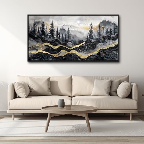 KELIYUAAN Large Canvas Wall Art For Living Room Black Framed Wall Decor For Bedroom Office Home Decorations Prints Pictures Abstract mountain landscape Painting Artwork Wall Aesthetics 20"X40"