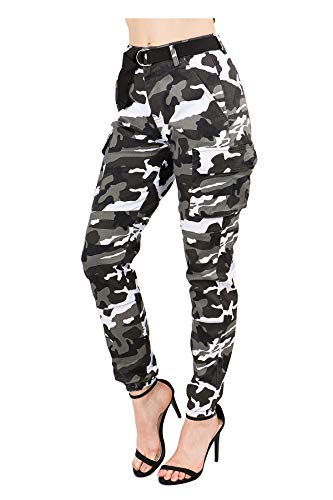 Love Moda Women's Trendy Slim Fit Belted Cargo Pants with Stretchy Spandex (Medium, City Camo #luv2036)