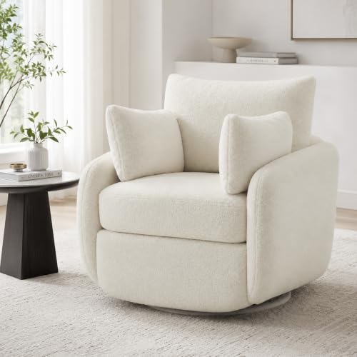 360° Sherpa Swivel Accent Chair, Modern Barrel Living Room Chair, Beige