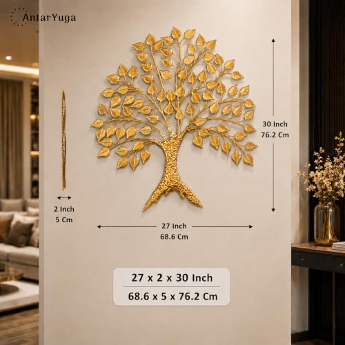 Image of Home & Bazaar Tree of Life Metal Wall Art, Handcrafted Gold Iron Peepal Tree Wall Hanging for Living Room, Bedroom, Office & Entryway, Decorative Wall Decor, 30 x 2 x 27 Inch (76.2 x 5 x 68.6 Cm)