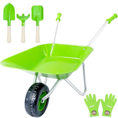 YORFULL Carretilla Niño, Kit de Jardinería Niños con Carretilla de Metal, Pala, Rastrillo de Jardín y Guantes de Jardinería Infantiles, Herramientas de Jardinería Juegos para Infantiles