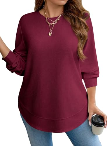 Eytino Womens Plus Size Tops Crewneck Long Sleeve Double Hem Waffle Knit Shirts Loose Casual Tunic Tops(1X-5X)