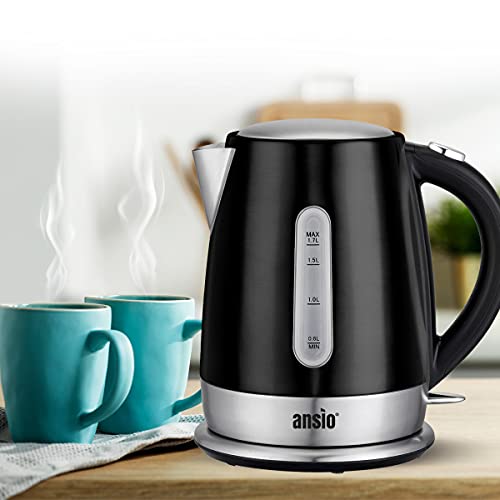 Foto von ANSIO Wasserkocher Edelstahl,1,7 Liter, 2200 watts Wasserkocher mit Herausnehmbarer Kalkfilter, Abschaltautomatik, Schnellkochfunktion Wasserstandsanzeige beleuchtet BPA Frei (Edelstahl-schwarz)