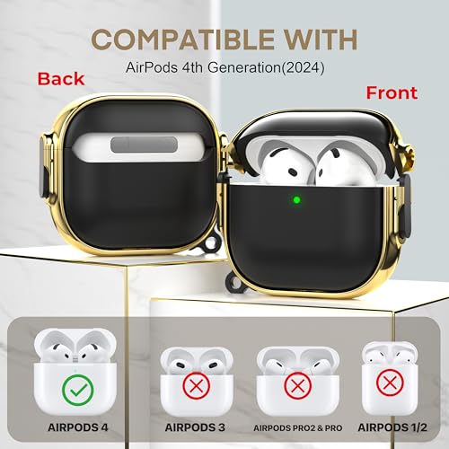 Image of Maxjoy for AirPods 4 Case with Lock, Cute AirPods 4 Case Lock Protective Hard AirPod 4 Generation Cover for Women Men with Keychain Clip for AirPod 4th Generation Cover 2024, Black /Gold