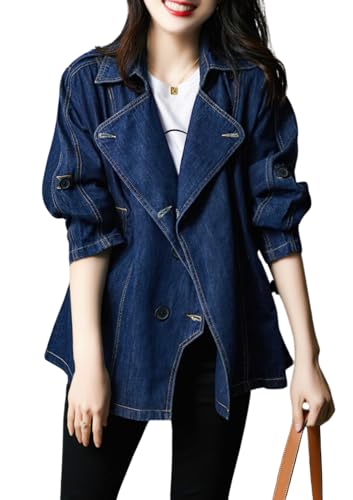 chouyatou Women Fall Business Casual Denim Blazer Drawstring Waist Office Jean Jacket Trench Coat