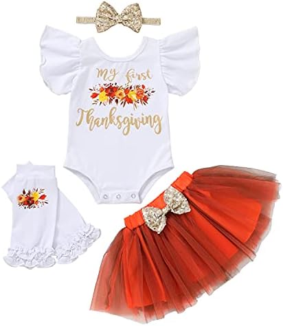 My First Thanksgiving Baby Girls Outfits Floral Ruffle Sleeve Romper+Tutu Dress+Golden Headband+Leg Warmers 4Pcs Skirt Set (Orange, 0-3 Months)