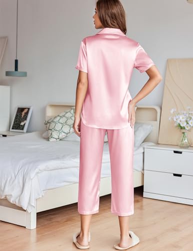 Image of Ekouaer Womens Satin Pajamas Silk Capri Pjs 2 Piece Lounge Sets Short Sleeve Button Down Sleepwear