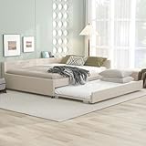Bellemave Daybed Upholstered Queen Size with Trundle and USB, L-Shaped Sofa Bed, Linen Tufted Platform Bed (Beige)