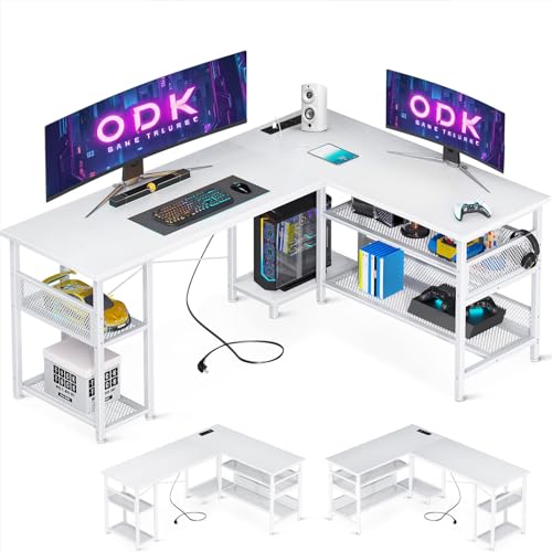 Odk Escritorio Gaming En Forma De L Con Diseño Reversible, Escritorio Con Gran Almacenamiento, Escritorio Esquinero Blanco Con 2 Enchufes Y 2 Puertos Usb, 150 102 Cm Odk Escritorio Gaming En Forma De L Con Diseño Reversible, Escritorio Con Gran Almacenamiento, Escritorio Esquinero Blanco Con 2 Enchufes Y 2 Puertos Usb, 150 102 Cm