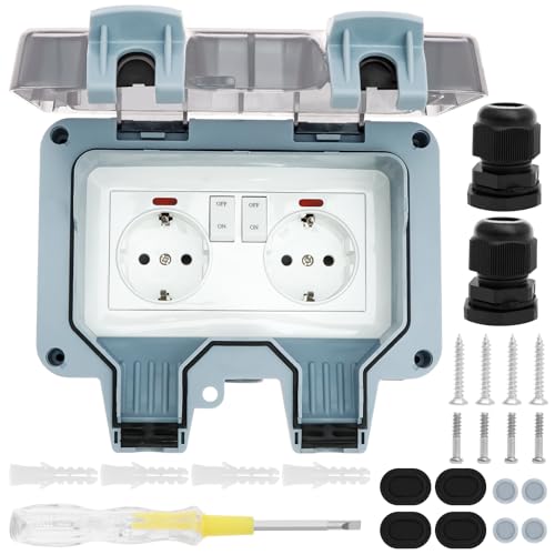 Outdoor Socket IP66 Waterproof Socket with Switch Indicator Light, Wall Socket Wet Room Surface-Mounted Protective Contact Garden Socket Dustproof Weatherproof Outdoor with Hinged Lid (Grey)