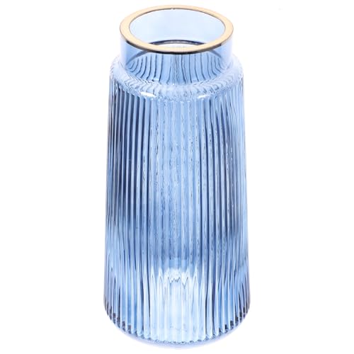 Vase en verre bleu artisanat rétro chic à rayures pour compositions florales