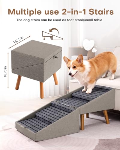 Image of Dog Ramp for Bed & Couch, Dog Stairs 21.06 inches High for Large /Medium /Small Doggie,Split Ottoman Foldable 2 in 1 Wooden Pet Steps for Older and Injured Dogs, No-Slip Surface (17.13 inch H-Hemp Green)