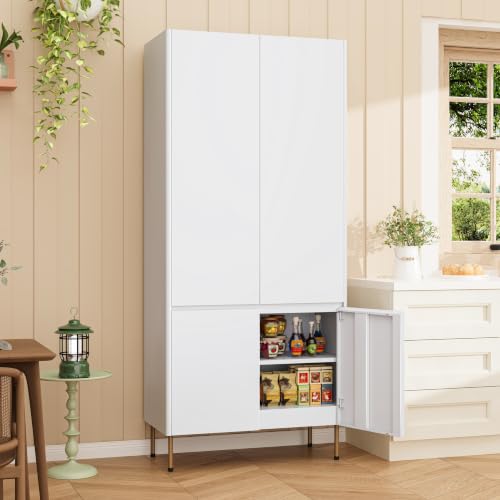 Image of 71 inch Metal Storage Cabinet with Doors, Tall Pantry Cabinet,White