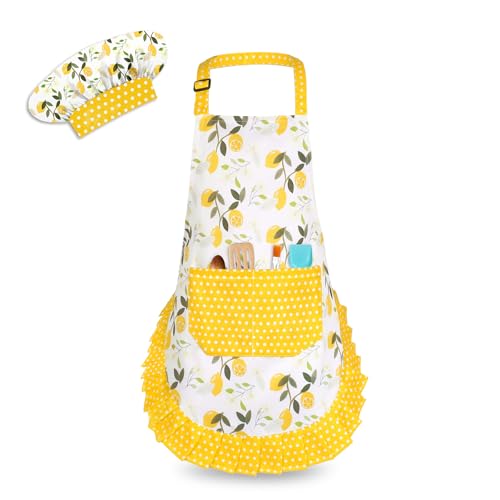 Kids Aprons for Cooking,Kids Chef Hat and Apron with Pocket for Baking