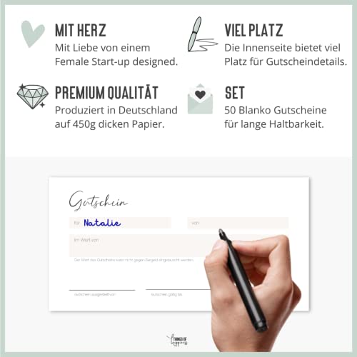 Things of Happiness Blanko Gutscheine zum Ausfüllen (50 Stück) | Set Gutscheinkarten | Geschenkgutschein für Nagelstudio, Friseur, Massage, Kosmetik, etc. (Punkte)