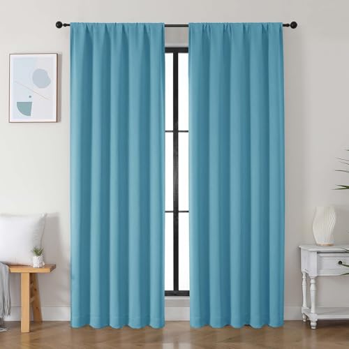 Image of Simplebrand Ava Turquoise Blackout Curtains for Bedroom 84 Inch Length 2 Panels Set, Solid Thermal Insulated Privacy Nursery Window Treatment Curtains Blackout Drapes, W50 x L84 Inch, Turquoise