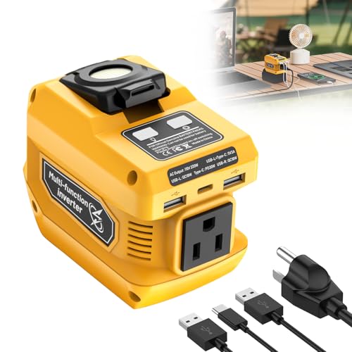 Hisecren 220W Portable Power Inverter Compatible with Dewalt 20V Battery DC 20V to AC 110V Battery Inverter Power Station with 400LM LED Work Light 1 AC Outlet 2 USB Ports &1 Type-C Fast Charging