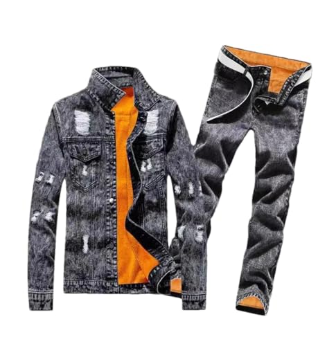 Men Winter Fleece Lining Thick Warm Denim Two Piece Set Slim Fit Cowbody Jacket Jeans Suit Cargo Sets