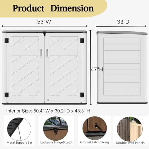 Image of ZZM Large Outdoor Storage Shed, 48 Cu Ft Resin Versatile Storage Cabinet for Patio Accessories, Trash Cans & Garden Tools, Durable Horizontal Storage Box with Lockable Lid (White)