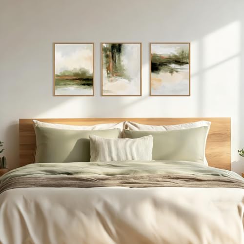 Image of KAIRNE Green Abstract Neutral Framed Canvas Wall Art Set,Modern Watercolor Shapes Wall Decor,Minimalist Pastel Art Prints,Brown Gray Tan Artwork for Living Room,Bedroom,Farmhouse,Office-12 x16 x3