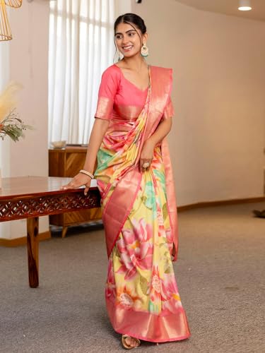 Image of Satrani Women'S Silk Printed Weaving Ready To Wear One Minute Pre Pleated Readymade Saree With Unstitched Blouse Piece