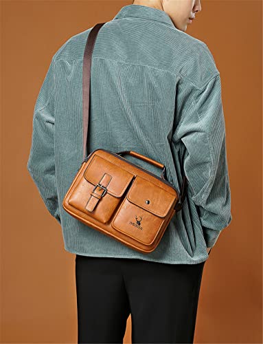 WEIXIER Bolsa de mão masculina de couro, bolsos duplos, bolsas de ombro para homens, Marrom claro, M