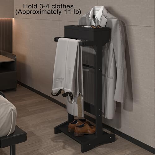 Image of Clothes Valet Stand for Men, Wooden Mens Valet Stand with Tray Organizer, Shoe Shelf, Hanging Rod and Suit Rack, Freestanding Clothes Rack for Bedroom Entryway Office