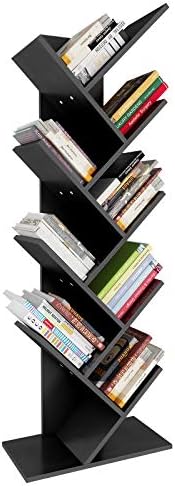 YITAHOME Tree Bookshelf, Floor Standing Book Shelf, Rustic Industrial Wooden Shelves Bookcase, Display Storage Shelving Units for Living Room / Home / Office - Black Bookshelf