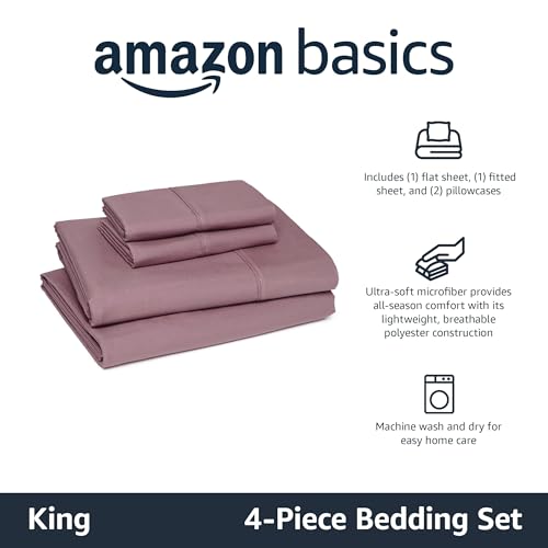 Image of Amazon Basics Lightweight Polyester Microfiber 4-Piece Bed Sheet Set, Machine Washable, King, Rose, Solid