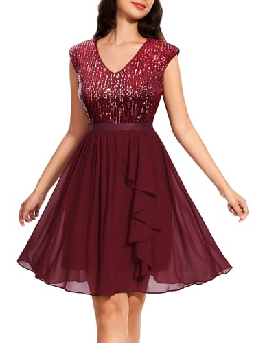 Wedtrend Vestido de Lentejuelas para Mujer, Manga Casquillo, Vestido de cóctel Brillante, Vestido Corto con Volantes, Vestido de Regreso a casa 2024, Borgoña, S