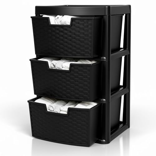 SIDSONS - Large Plastic Rattan Style Storage Drawer - Durable & Stylish Cabinet with Smooth Pull Drawers - Multipurpose Organizer for Clothes Toys, Kitchen, Home & Office Use (Rattan/Black, 3 Tier)