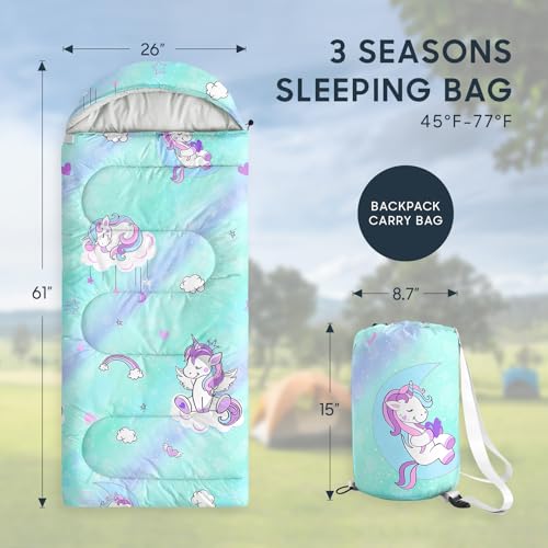 Wake In Cloud - Bolsa de Dormir para Niñas Pequeñas, Camping en Clima Templado, Ligera y Compacta para 3 Estaciones, Diseño Unicornio Arcoíris y Corazones miniatura 2