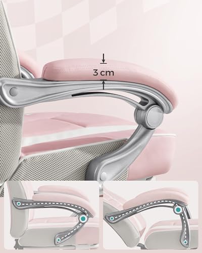 SONGMICS Fotel biurowy, fotel gamingowy, regulowany, podnóżek teleskopowy, mechanizm kołyskowy, zagłówek, podparcie odcinka lędźwiowego, obciążenie 150 kg, cukierkoworóżowy i kremowo-biały OBG073P01