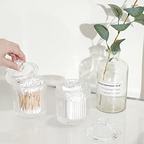 rejomiik-2-Pack-Qtip-Holder-Glass-Apothecary-Jars-with-Lids-Clear-Bathroom-Canisters-Vanity-Organizer-for-Cotton-Swabs-Balls-Pads-Floss-Picks-Candy-Jewelry-Makeup-Storage-Decor